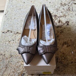 Ivanka Trump Metallic Pewter Pointed-Toe Flats with Bow, NEW IN BOX, 8.5 US